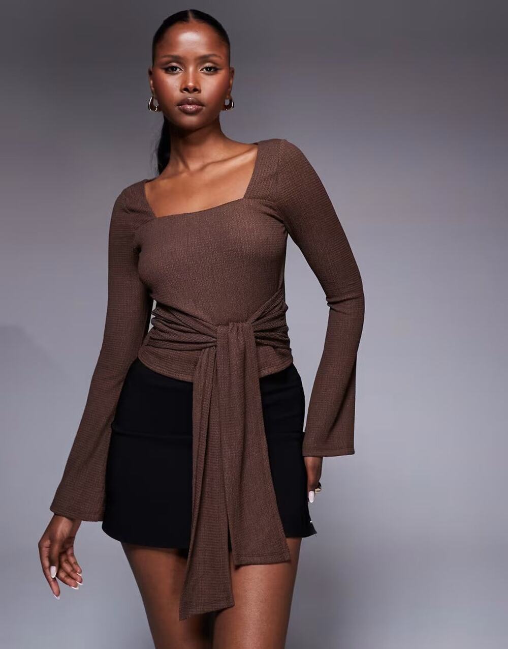 ASOS DESIGN Textured Tie Waist Flared Sleeve Top Chocolate Brown Size Small